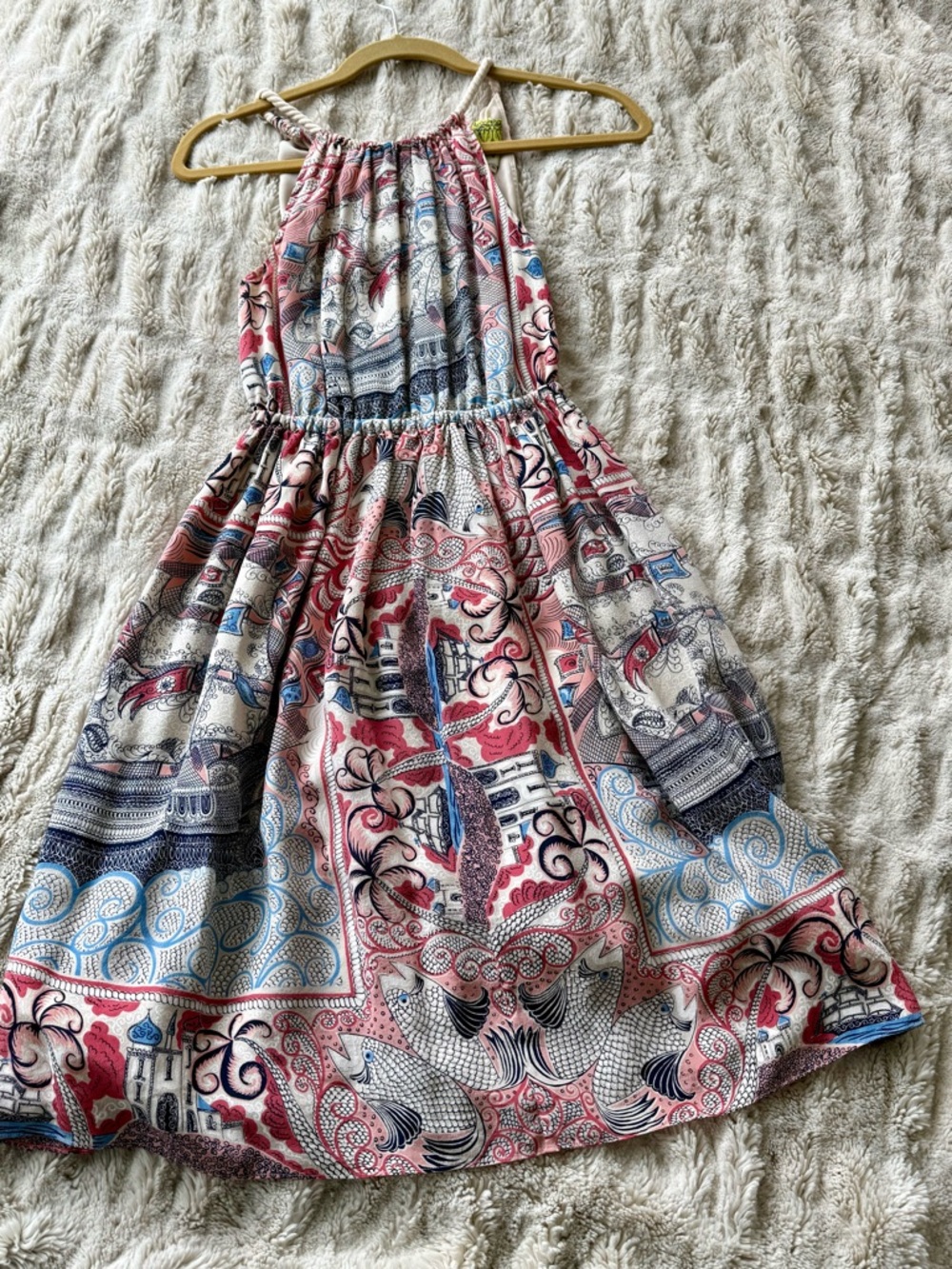 Floreat Pink, Blue & White Paisley Halter Midi Dress with Elastic Waist